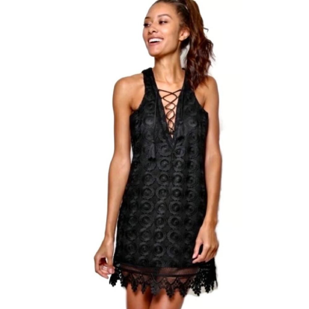 Lovers + Friends Escape Black Lace-Up Crochet Mini Dress Small V-Neck Party